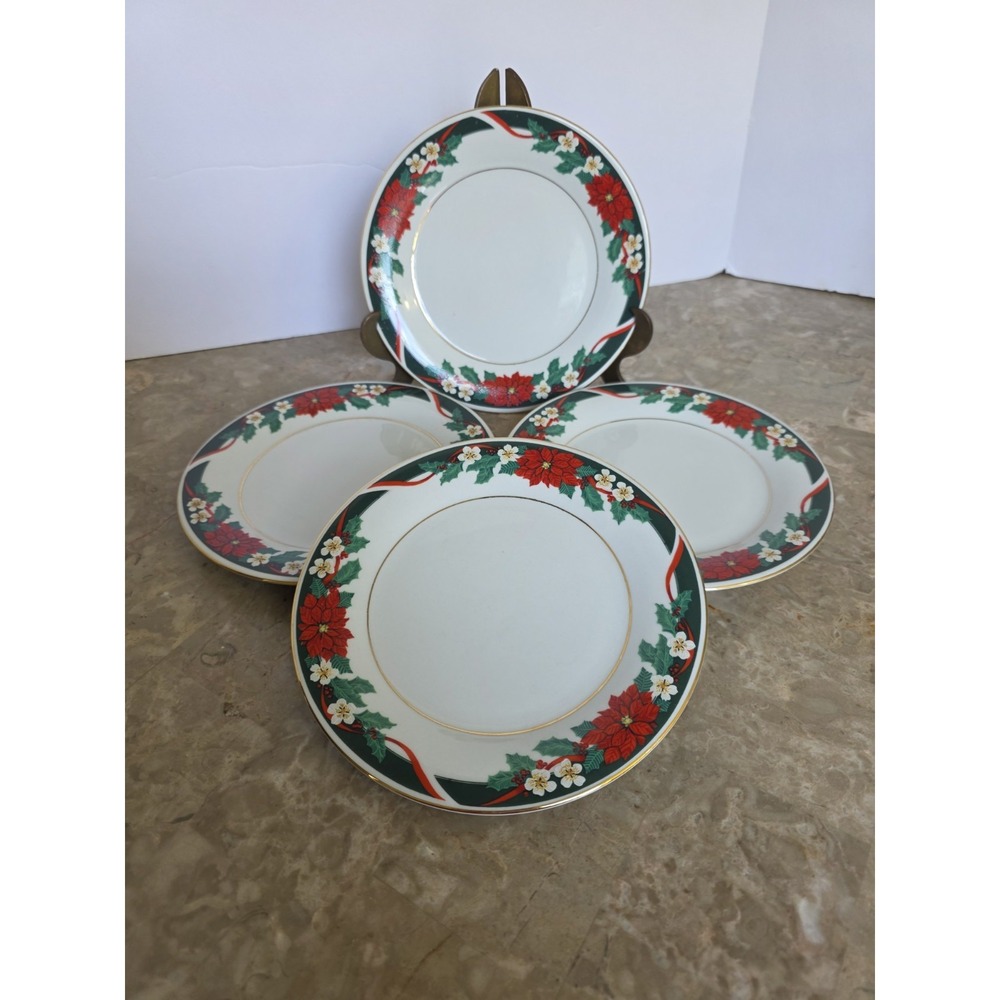 Lot of 4 Tienshan Deck Halls Fine China 7.5" Salad Plate Poinsettia Gold Trim